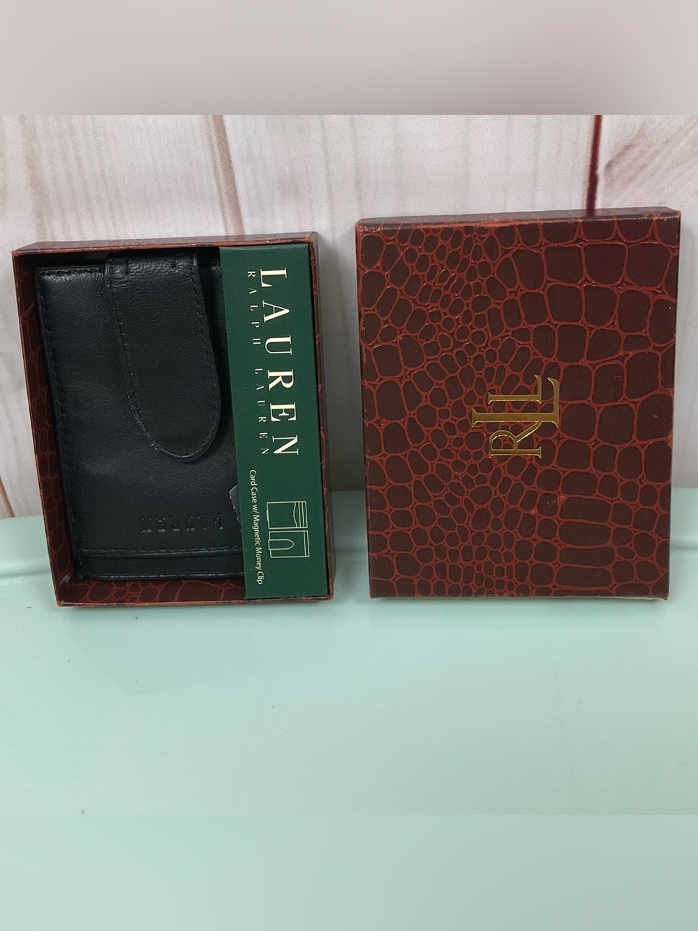 Lauren Ralph Lauren Black Leather Men's Card Case Wallet with Magnetic Clip